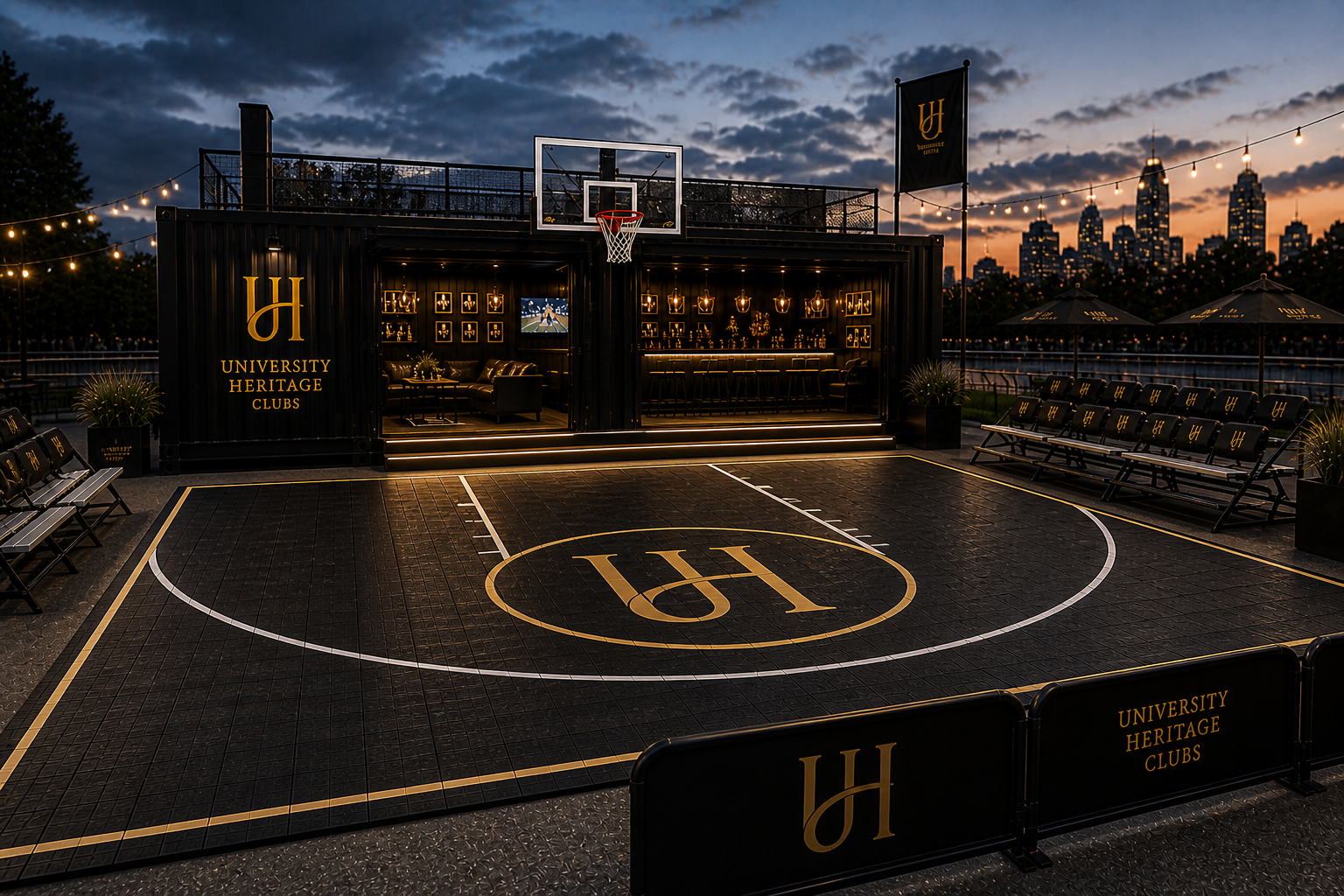 University Heritage Clubs mobile basketball activation at night with shooter releasing a three-pointer